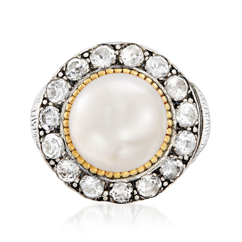 11-12mm Cultured Pearl and 1.90 ct. t.w. White Topaz Ring in Sterling Silver and 14kt Yellow Gold image number 0
