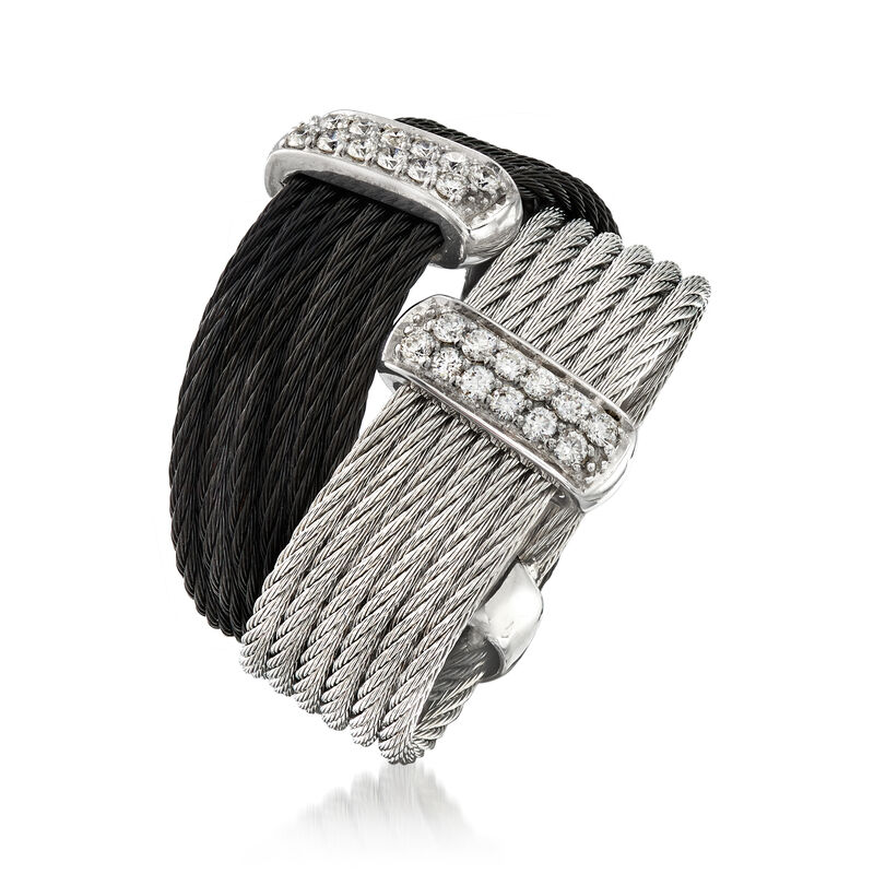 ALOR &quot;Noir&quot; Collection .20 ct. t.w. Diamond Two-Tone Stainless Steel Cable Ring in 18kt White Gold image number 2