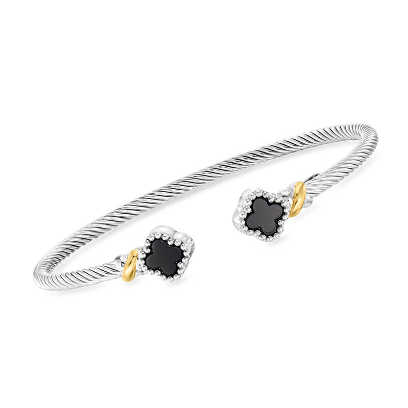 Phillip Gavriel "Italian Cable" Onyx Clover Cuff Bracelet in Sterling Silver with 18kt Yellow Gold. 7.5" image number 0