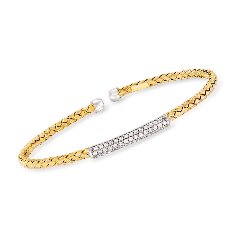 Italian .35 ct. t.w. Pave CZ Basketweave Cuff Bracelet in Sterling Silver and 18kt Yellow Gold Over Sterling Silver image number 0