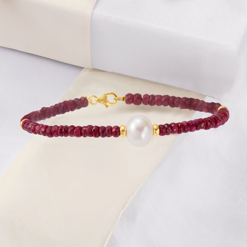 9-10mm Cultured Pearl and 22.00 ct. t.w. Ruby Bead Bracelet with 14kt Yellow Gold image number 2