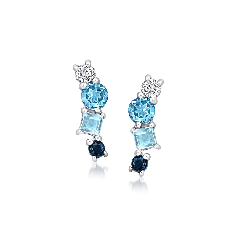 1.10 ct. t.w. Tonal Blue and White Topaz Ear Climbers in Sterling Silver  image number 0