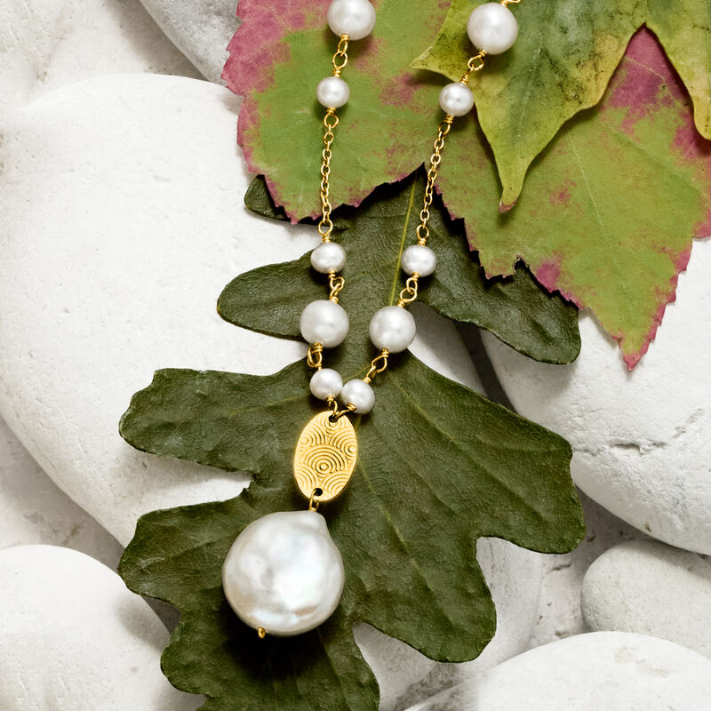 14-17mm Cultured Coin Pearl and 3-6mm Cultured Pearl Station Necklace in 18kt Gold Over Sterling image number 2