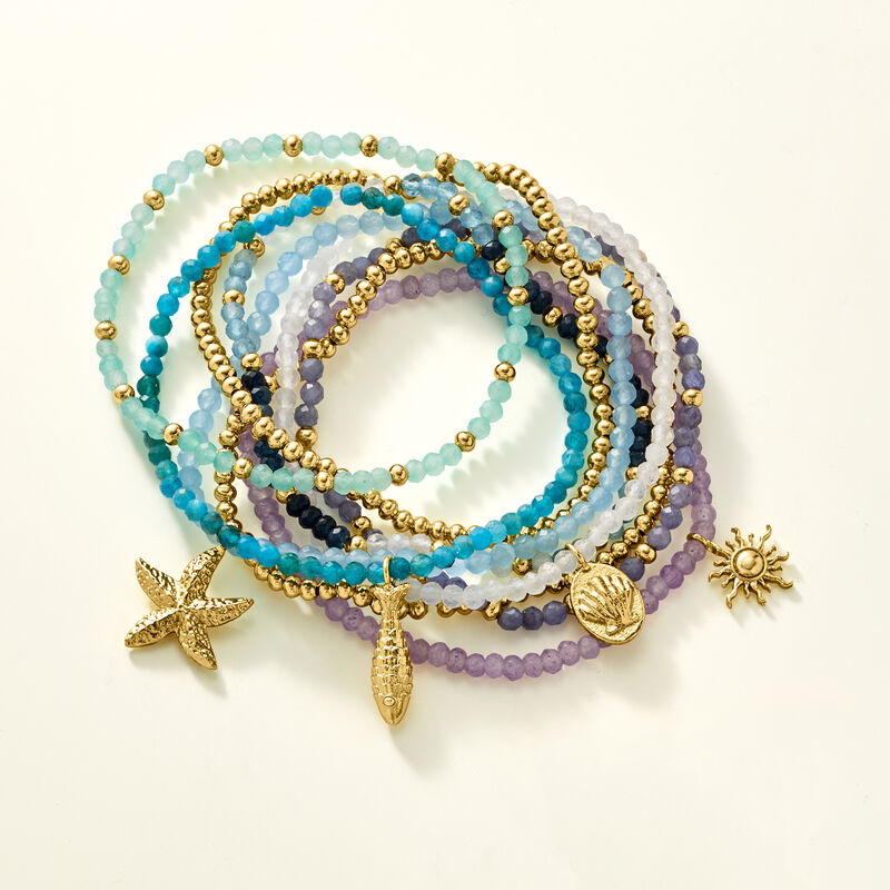 Multi-Gemstone and 14kt Yellow Gold-Plated Jewelry Set: Nine Bead Stretch Bracelets with Sea Life Charms image number 2