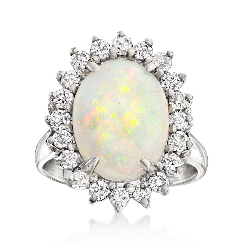 C. 1980 Vintage Opal and 1.00 ct. t.w. Diamond Cocktail Ring in 14kt White Gold. Size 6 image number 0