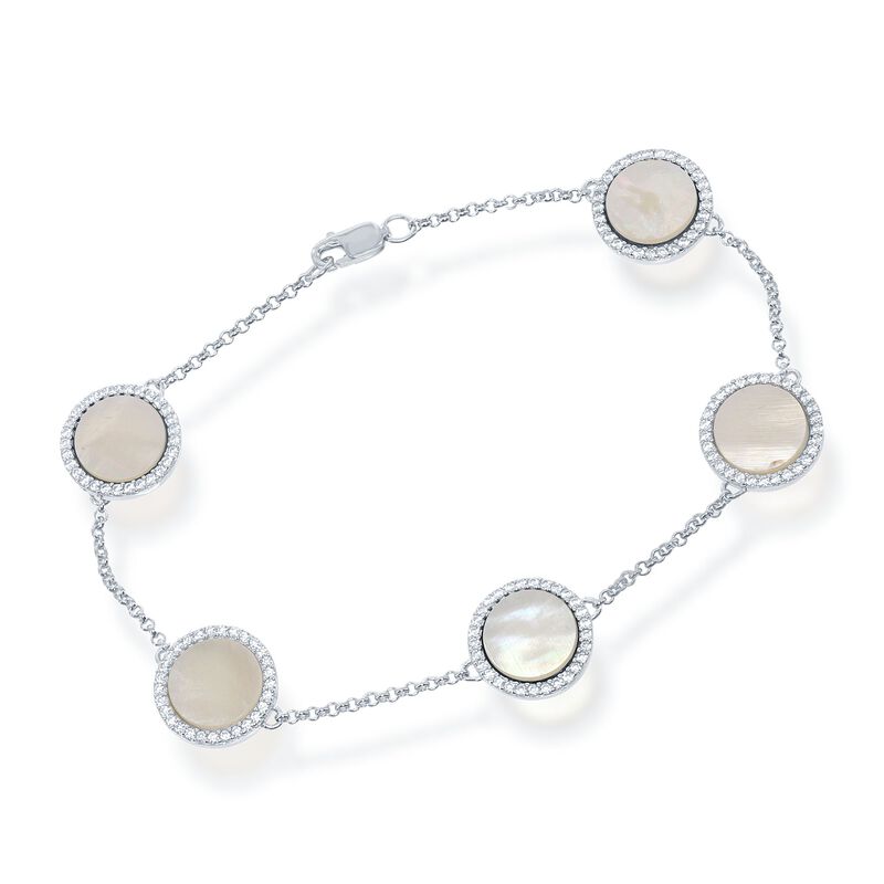 Mother-Of-Pearl and .80 ct. t.w. CZ Station Bracelet in Sterling Silver image number 0