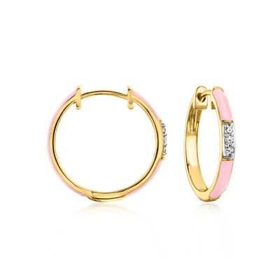 Pastel Pink Enamel Hoop Earrings with Diamonds in 18kt Gold Over Sterling