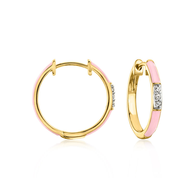 Pastel Pink Enamel Hoop Earrings with Diamonds in 18kt Gold Over Sterling. 5/8" image number 0