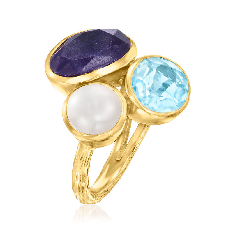 8mm Cultured Pearl, 6.50 Carat Sapphire and 3.80 Carat Sky Blue Topaz Ring in 18kt Gold Over Sterling image number 2