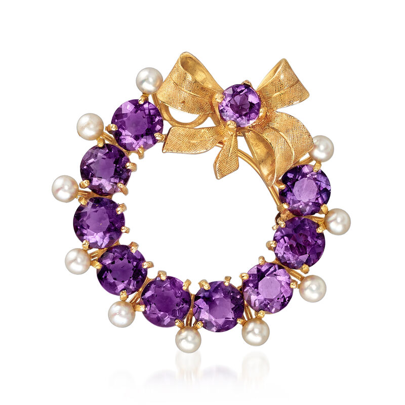 C. 1970 Vintage 3mm Cultured Pearl and 3.45 ct. t.w. Amethyst Wreath and Bow Pin/Pendant in 14kt Yellow Gold image number 0