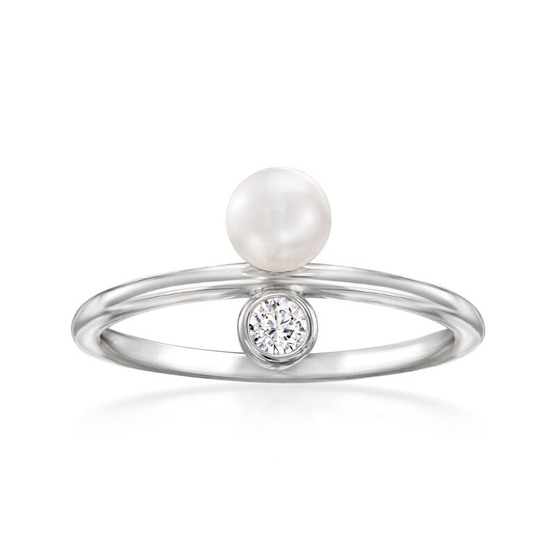 4.5-5mm Cultured Pearl Ring with Single CZ in Sterling Silver image number 0