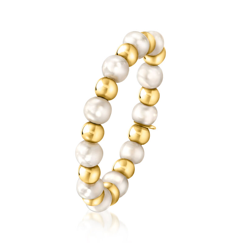 3-3.5mm Cultured Pearl and 14kt Yellow Gold Bead Stretch Ring image number 2