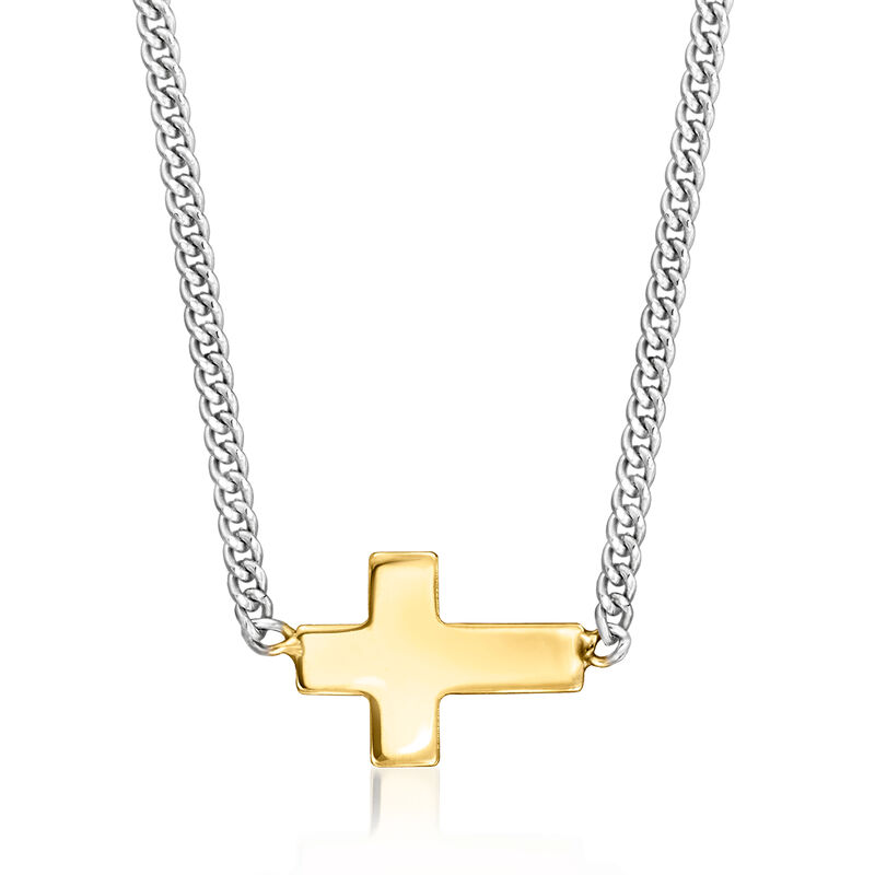 Italian 14kt Yellow Gold Sideways Cross and Sterling Silver Curb-Link Necklace. 16&quot; image number 1