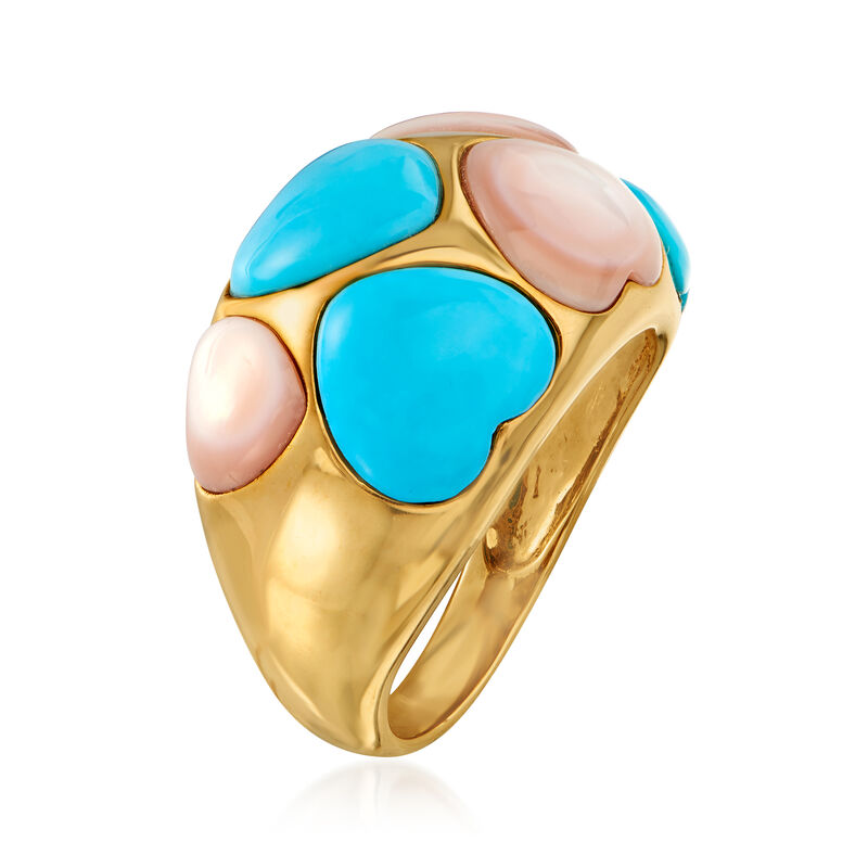 C. 1990 Vintage Mother-Of-Pearl and Turquoise Heart Ring in 14kt Yellow Gold image number 2