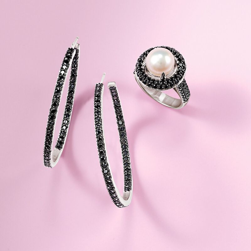2.70 ct. t.w. Black Spinel Inside-Outside Hoop Earrings in Sterling Silver. 1 5/8&quot; image number 3