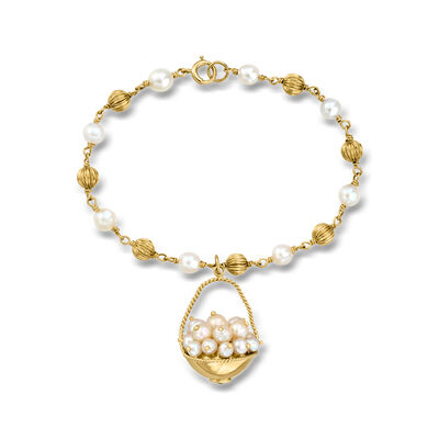 C. 1990 Vintage 4.5-5.5mm Cultured Pearl Basket Charm and Bead Station Bracelet in 14kt Yellow Gold