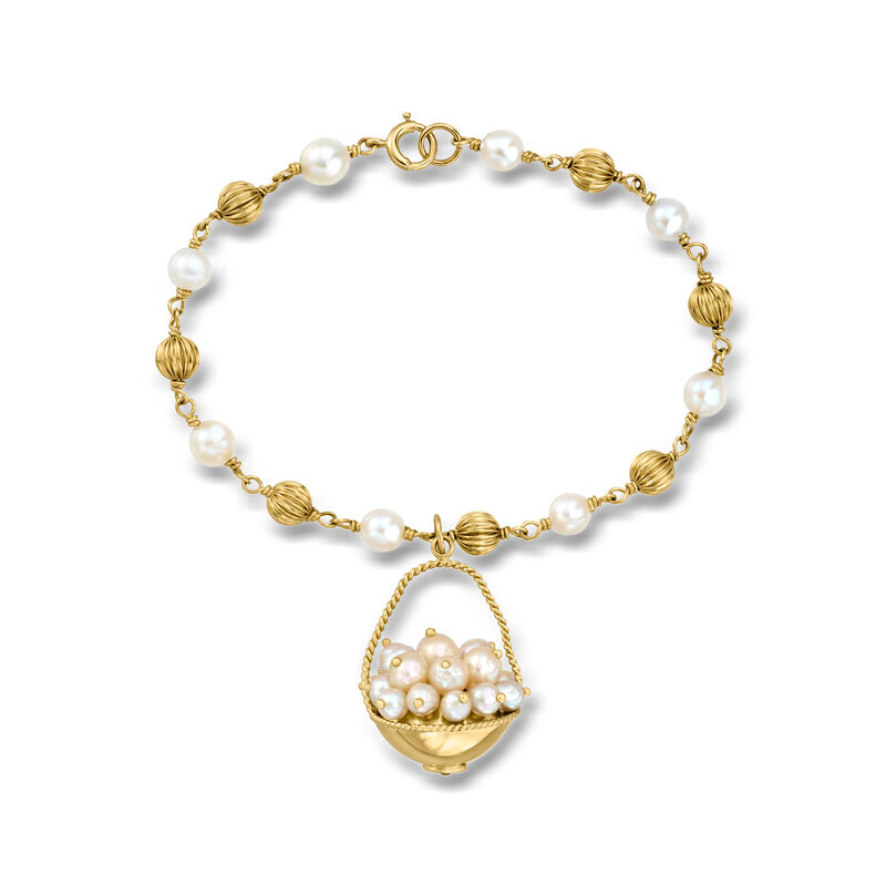 C. 1990 Vintage 4.5-5.5mm Cultured Pearl Basket Charm and Bead Station Bracelet in 14kt Yellow Gold. 7.5" image number 0