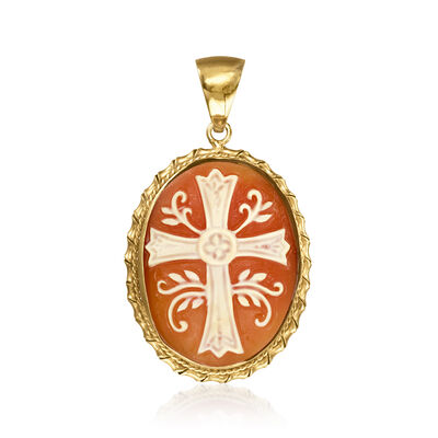 Italian Orange Shell Cross Cameo Pendant in 18kt Gold Over Sterling