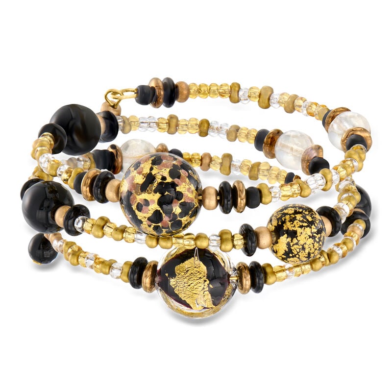 Italian Black and Gold-Colored Murano Glass Bead Wrap Bracelet  image number 0
