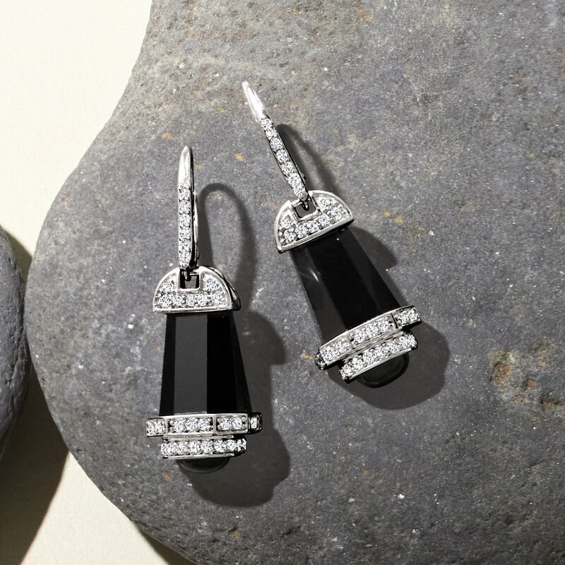 Black Agate and .70 ct. t.w. White Topaz Drop Earrings in Sterling Silver  image number 2