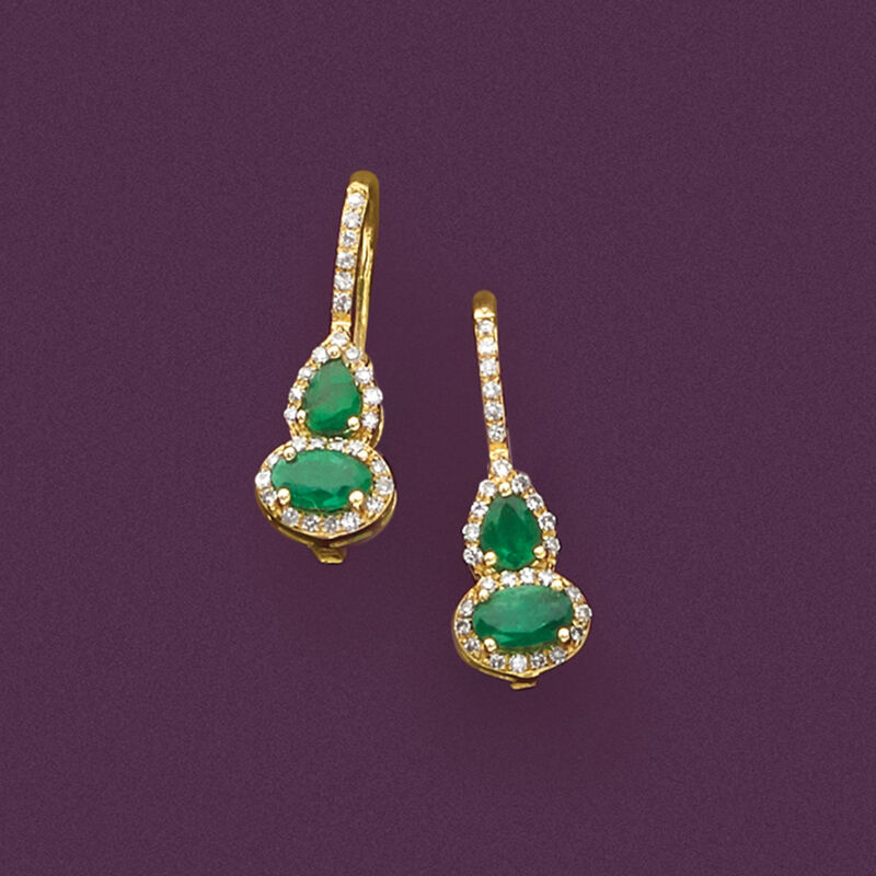 .60 ct. t.w. Emerald and .15 ct. t.w. Diamond Drop Earrings in 14kt Yellow Gold image number 5