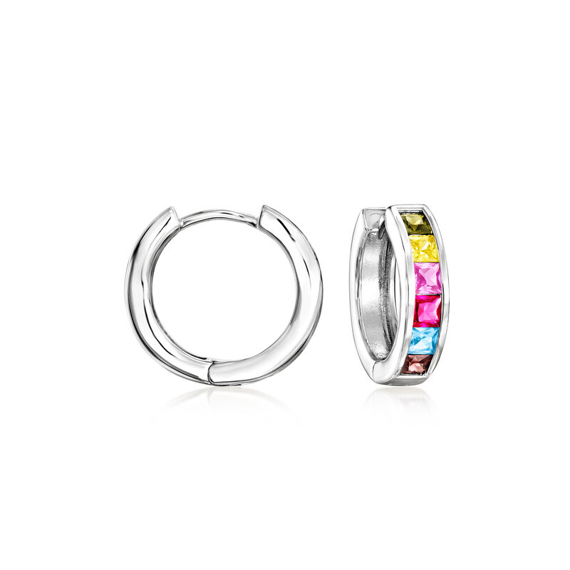 Simulated Multicolored Sapphire Huggie Hoop Earrings in Sterling Silver. 5/8&quot; image number 0