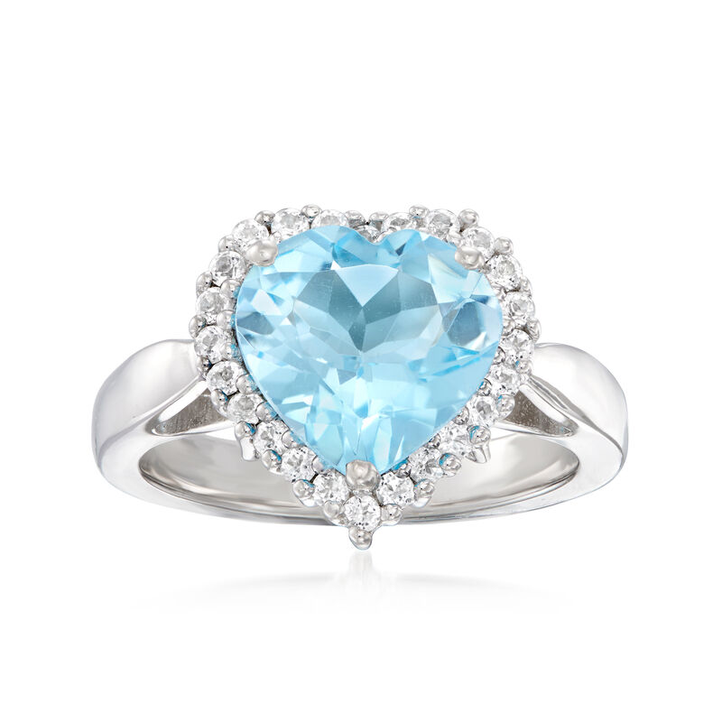 Sterling Silver Light Swiss Blue Topaz Heart & Diamond Ring