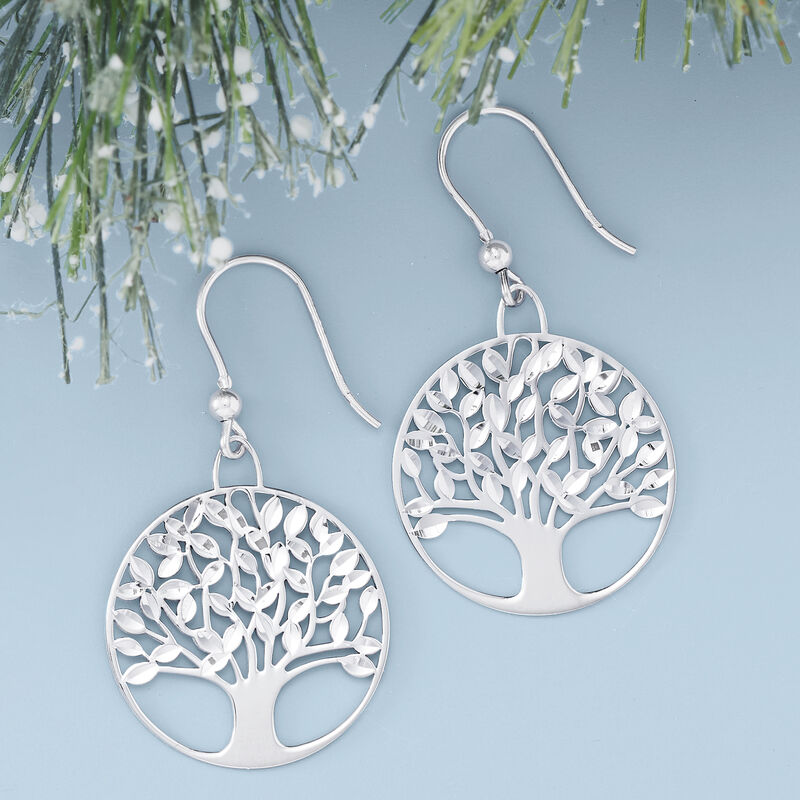 Italian Sterling Silver Diamond-Cut and Polished Tree of Life Drop Earrings image number 2