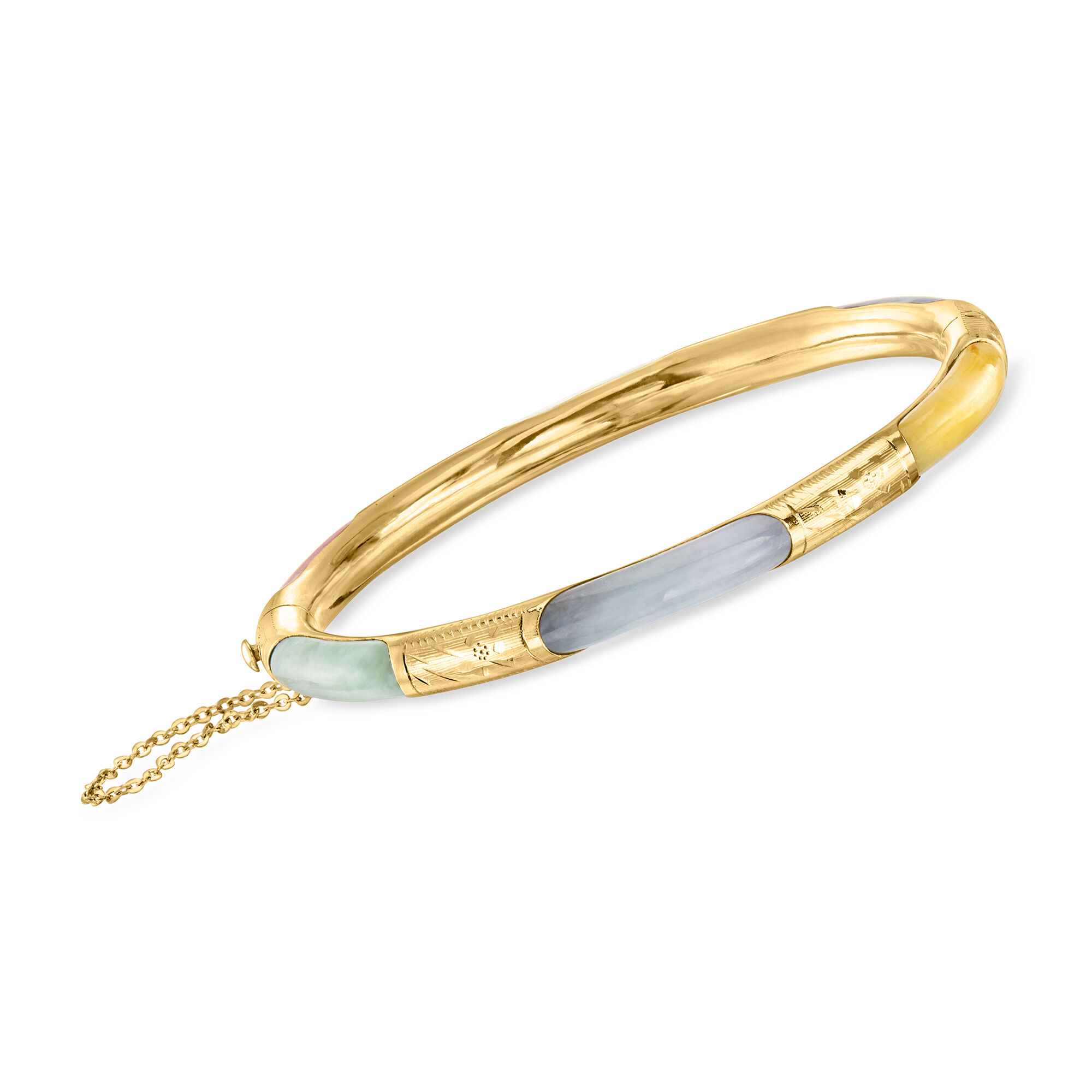 C. 1950 Vintage Multicolored Jade Station Bangle Bracelet in 14kt
