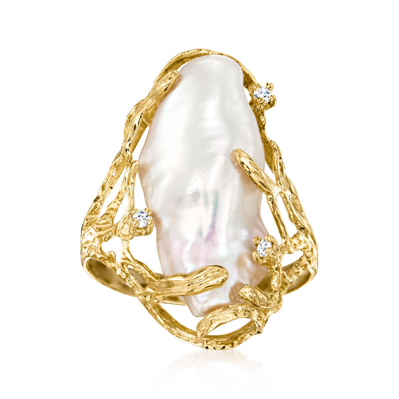 10x24mm Cultured Baroque Pearl Ring with Diamonds in 14kt Yellow Gold image number 0