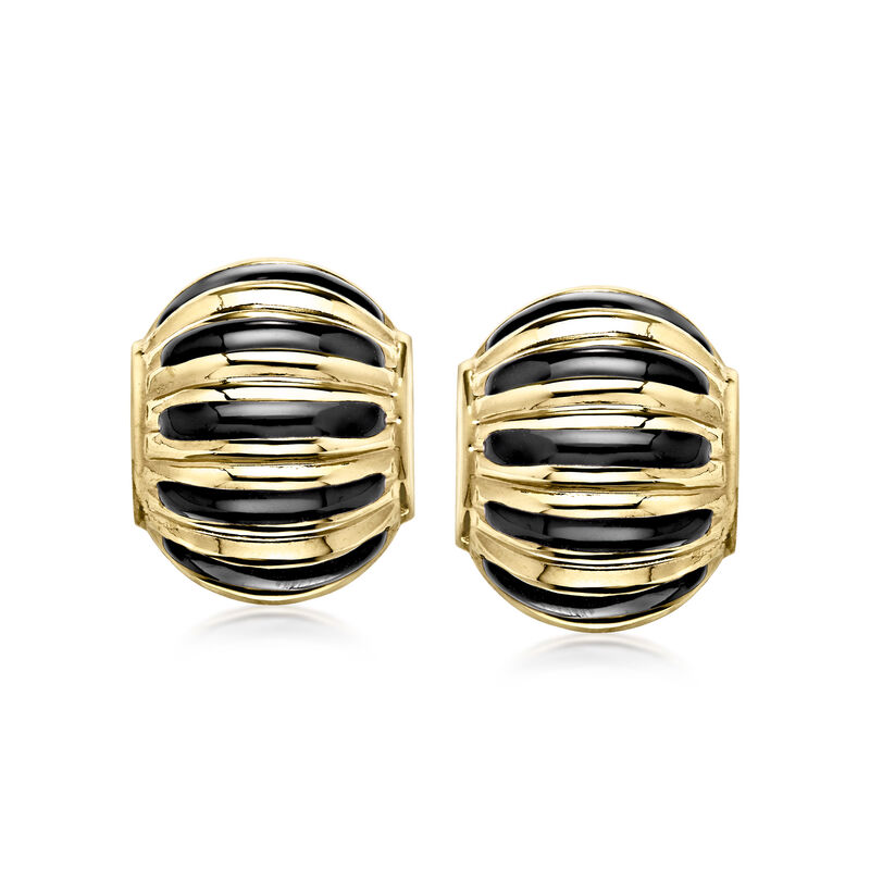 C. 1980 Vintage Black Enamel and 14kt Yellow Gold Ridged Clip-On Earrings  image number 0