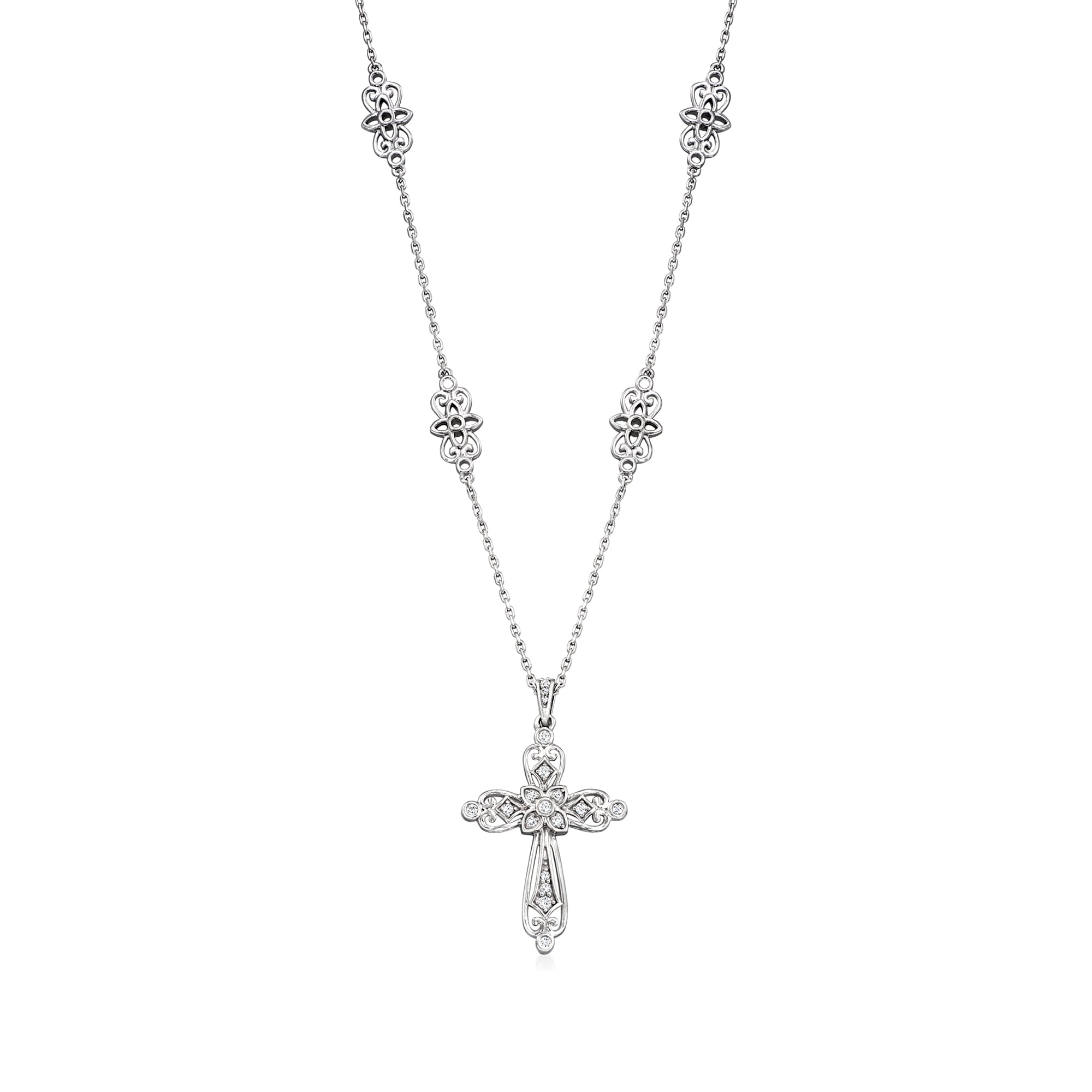 25 ct. t.w. Diamond Openwork Cross Necklace in Sterling Silver