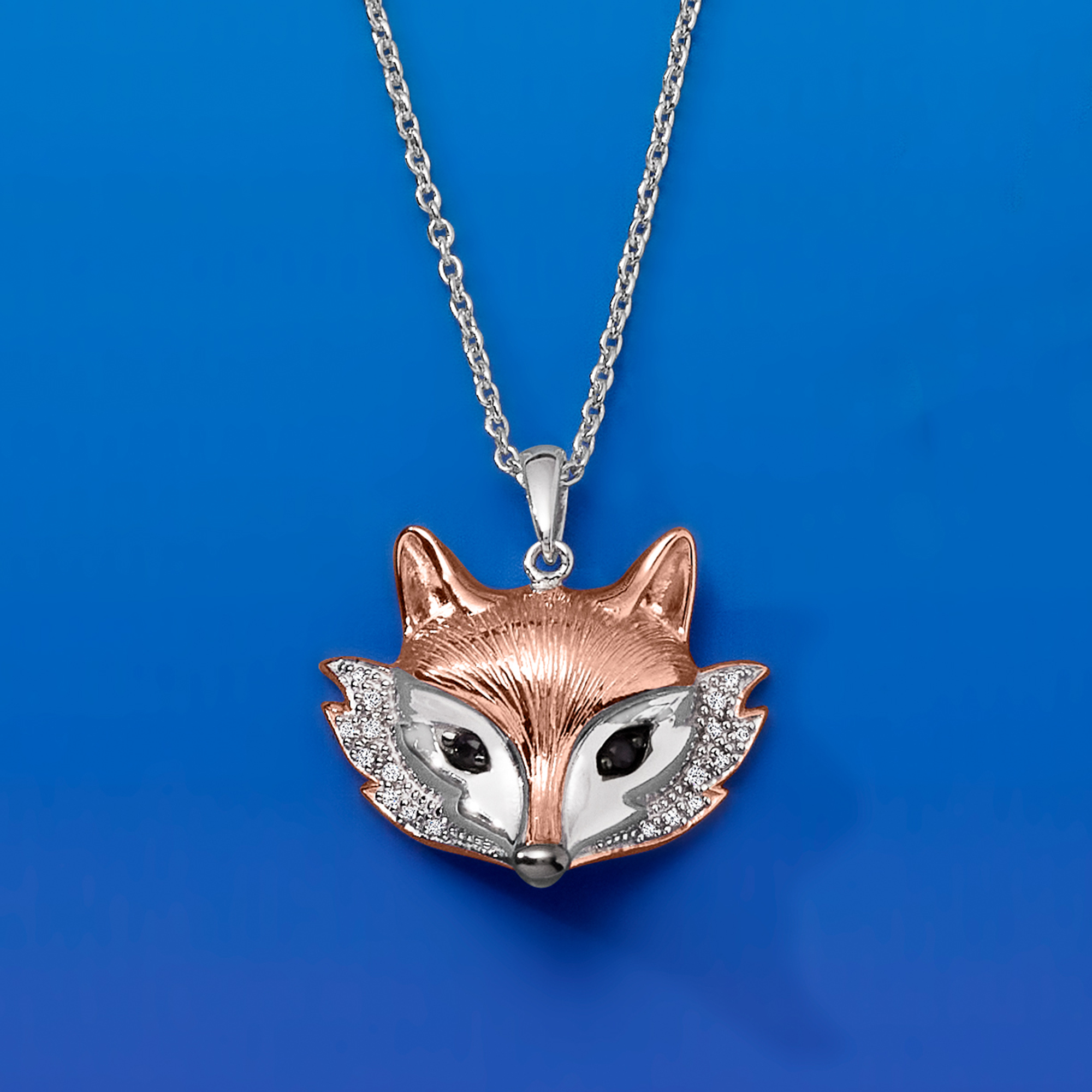 Two Tone Sterling Silver Fox Pendant Necklace with Diamond and Sapphire Accents