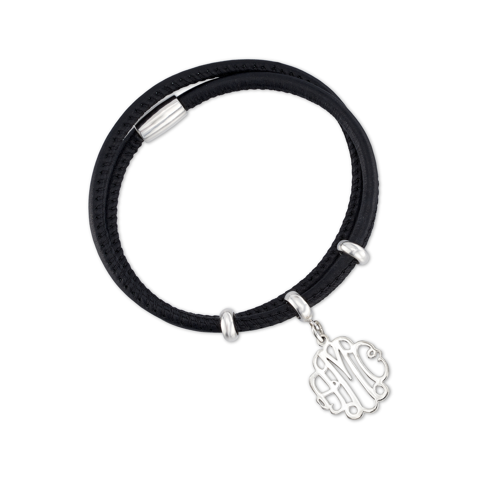 Black Leather Double-Wrap Bracelet with Sterling Silver
