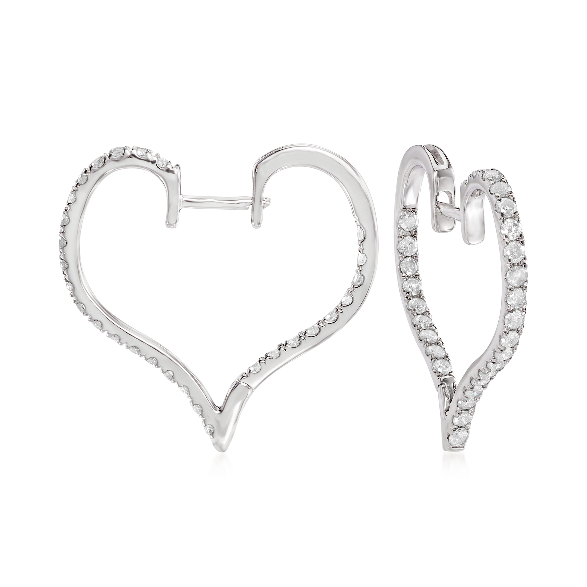 1.00 ct. t.w. Diamond Heart Hoop Earrings in Sterling Silver. 3/4 