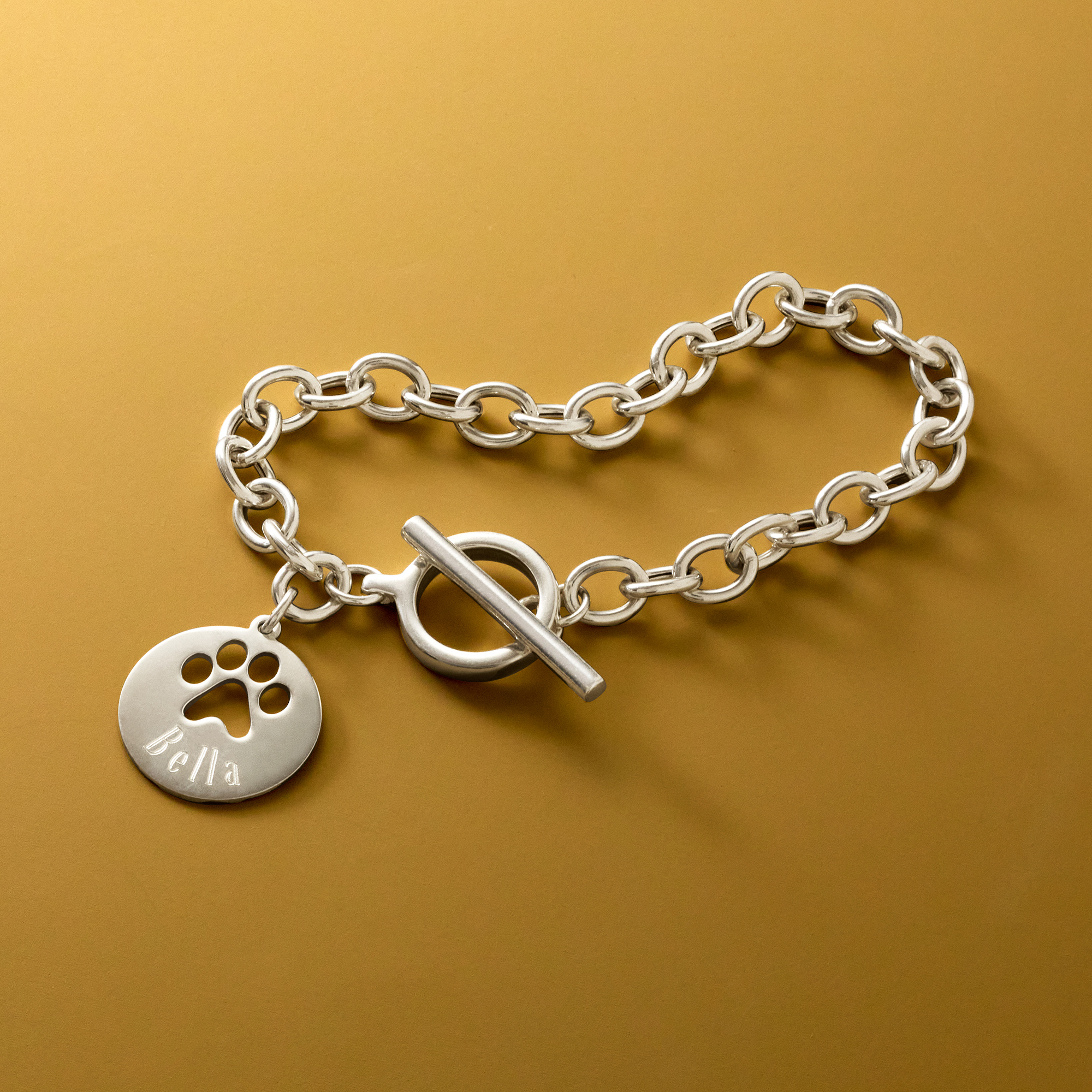 Sterling Silver Personalized Paw Print Cut-Out Charm Bracelet