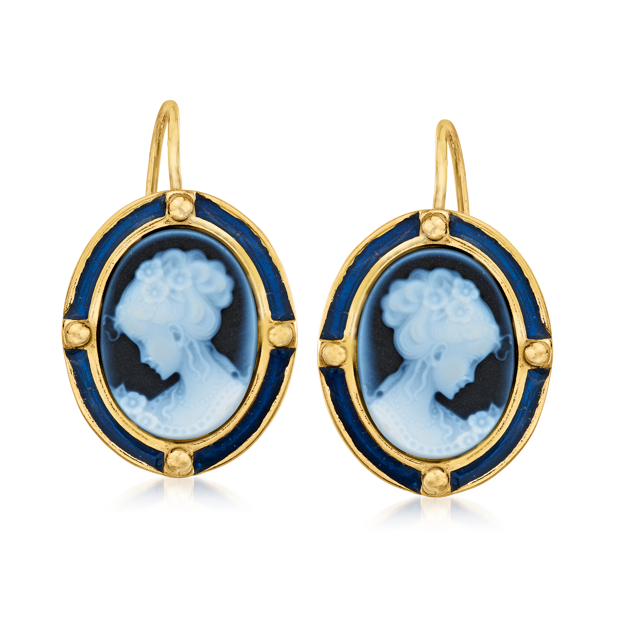 Italian Blue Agate Cameo Drop Earrings with Blue Enamel in 18kt