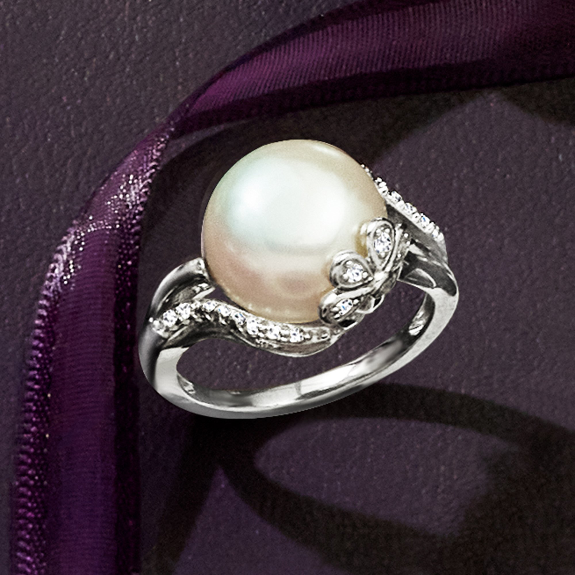 12-12.5mm Cultured Pearl Ring with Diamonds in Sterling Silver
