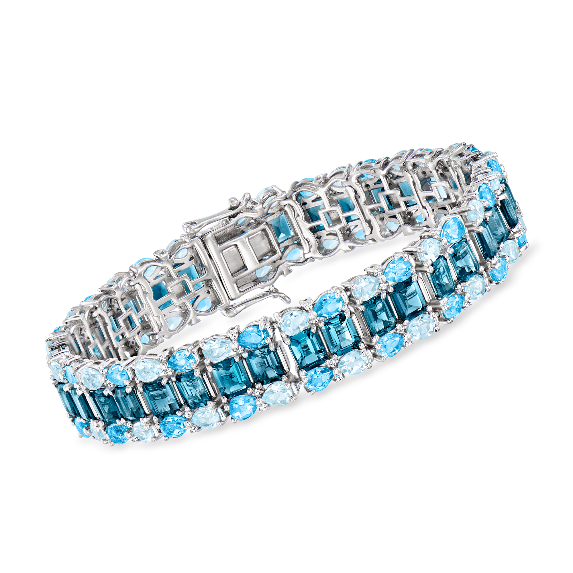 Diamond & Oval Cut Blue Topaz Tennis Bracelet 14k White Gold