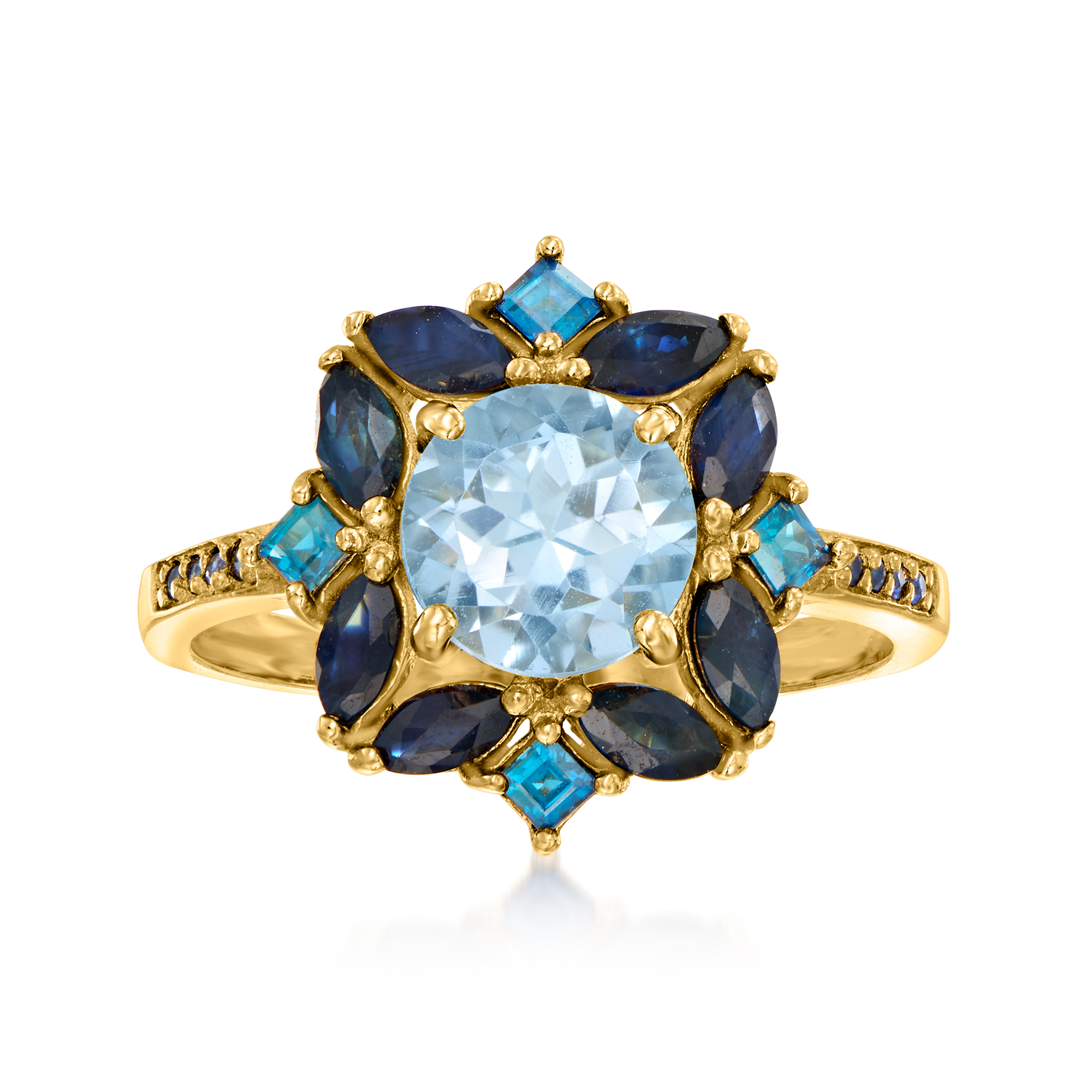 1.80 Carat Sky Blue Topaz 2.40 ct. t.w. Sapphire and .80 ct. t.w. London Blue Topaz Ring in 18kt Gold Over Sterling