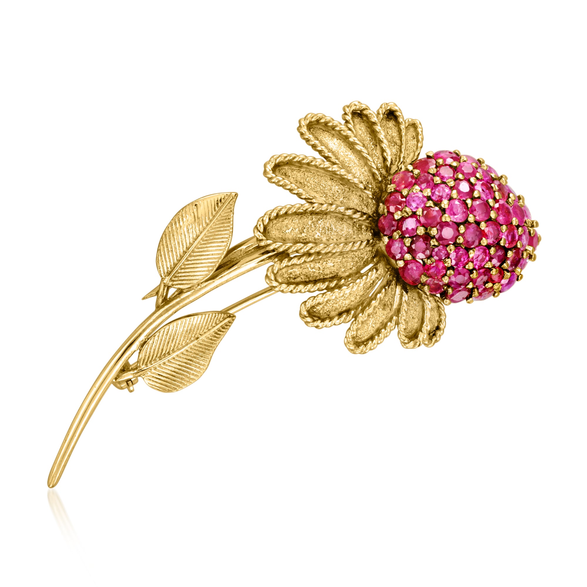 C. 1960 Vintage 4.25 ct. t.w. Ruby Flower Pin in 18kt Yellow Gold