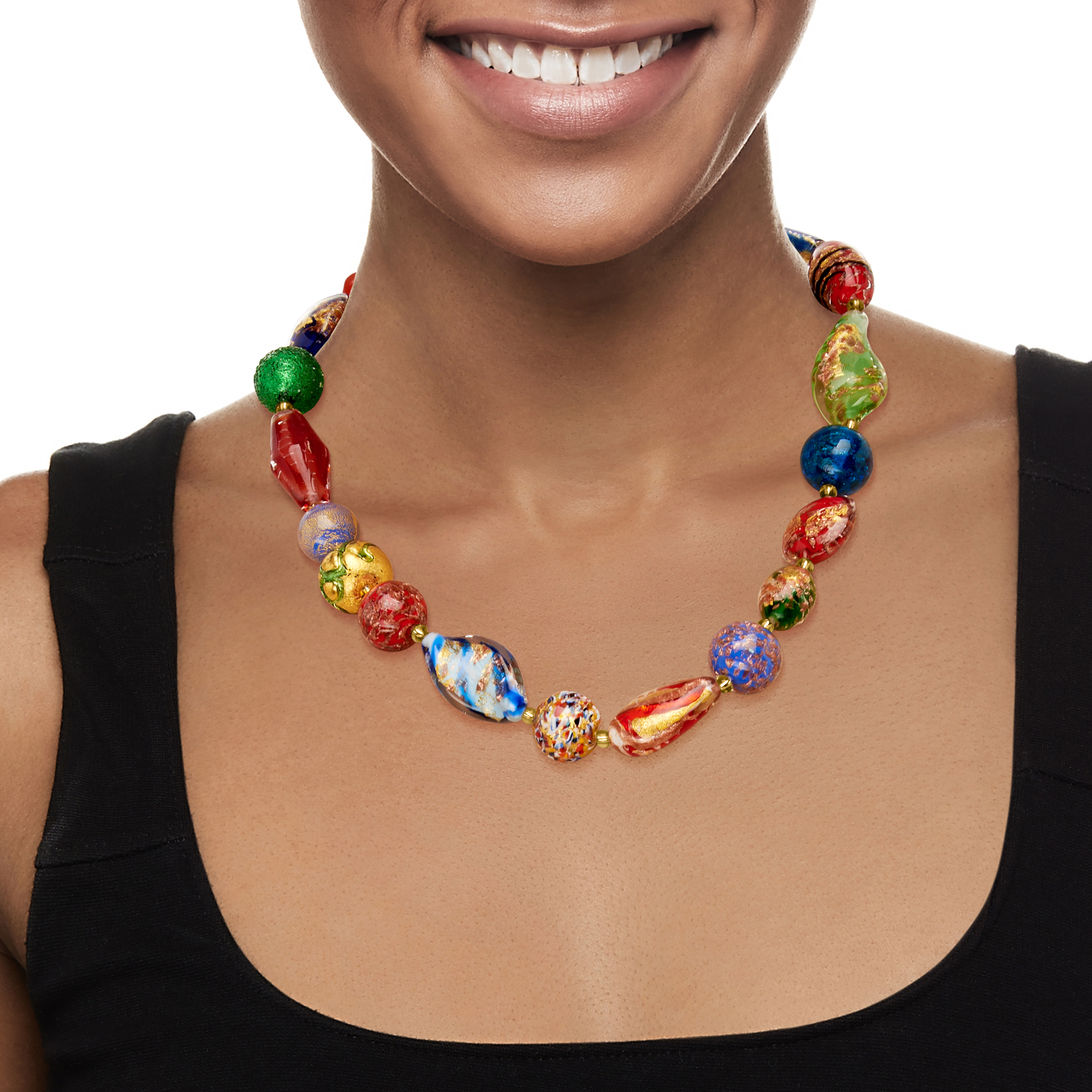 Italian Multicolored Murano Glass Bead Necklace with 18kt Italian Multicolored Murano Glass Bead Necklace with 18kt