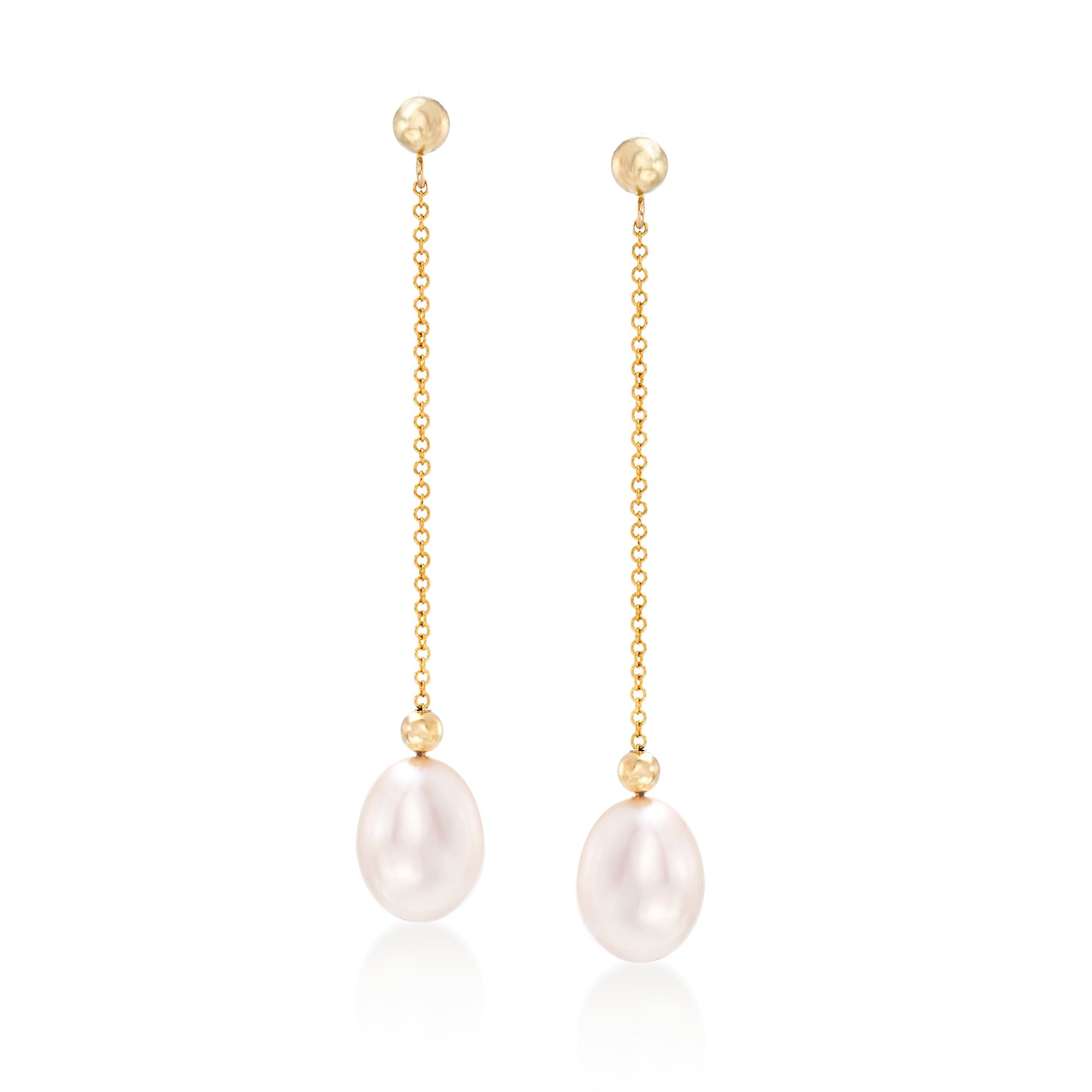 8-8.5mm Cultured Pearl and Bead Chain Drop Earrings in 14kt Yellow Gold - Picture 1 of 3