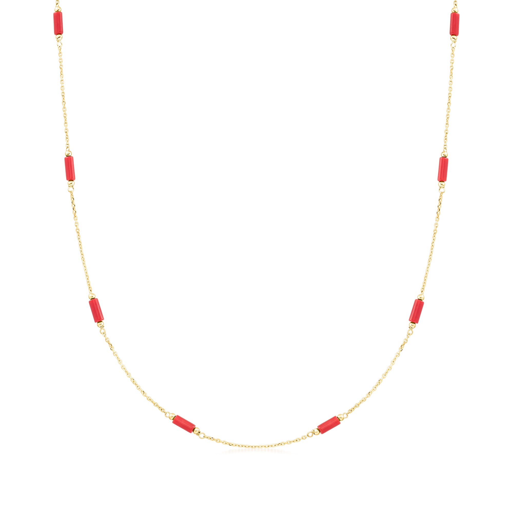 Ross-Simons Italian Red Coral Bead Station Necklace in 18kt Yellow