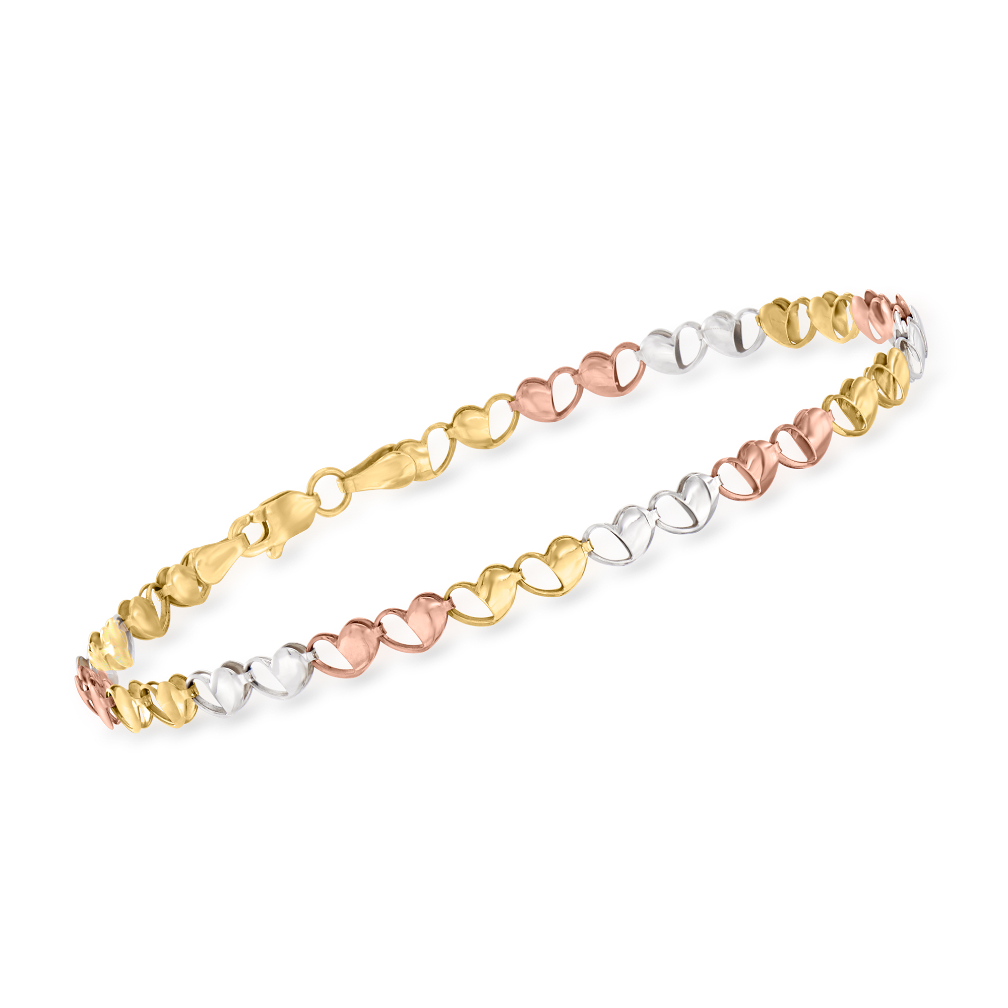 14kt Tri Colored Gold Heart Link Bracelet