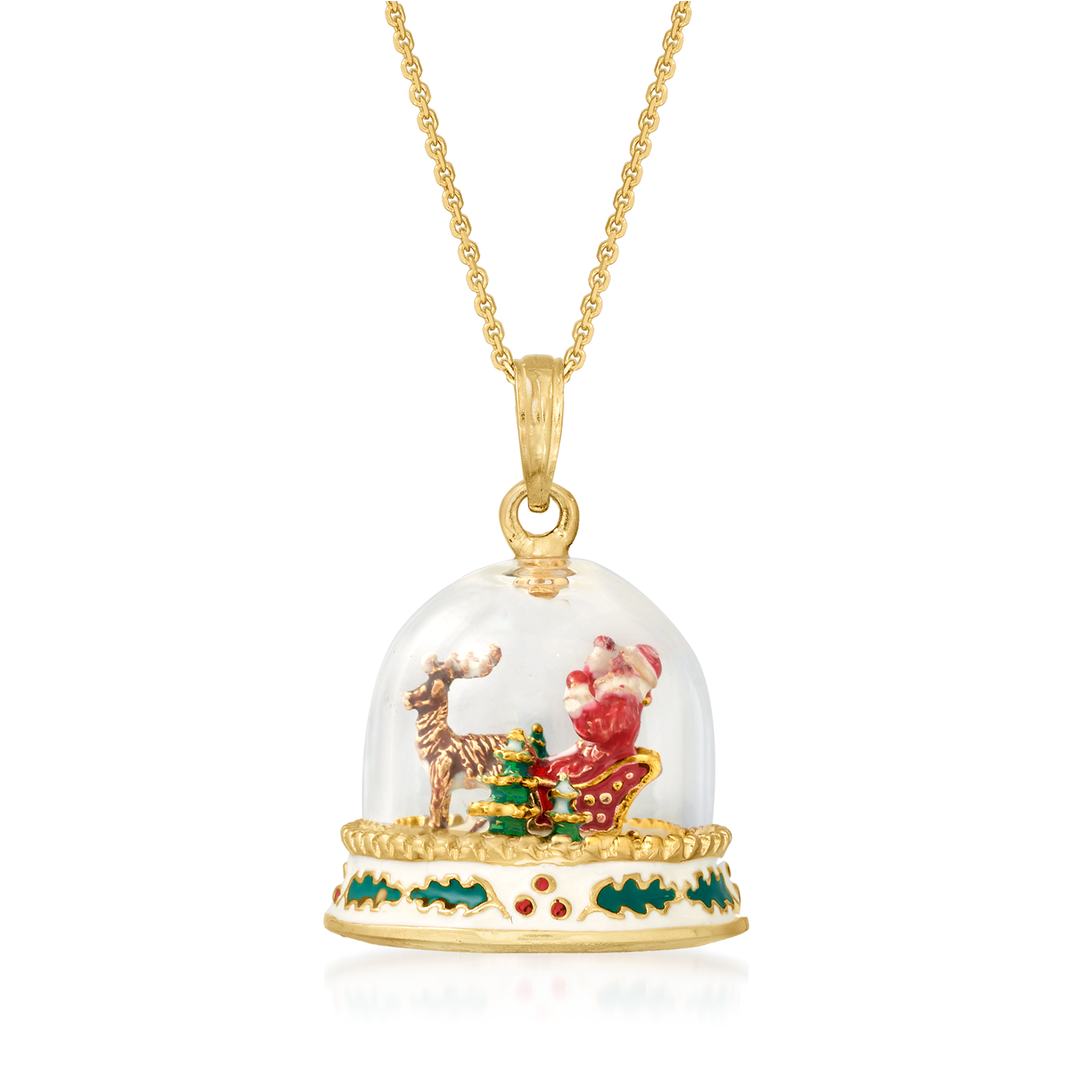 14kt Yellow Gold Christmas Snow Globe Pendant Necklace with Multicolored Enamel. 18