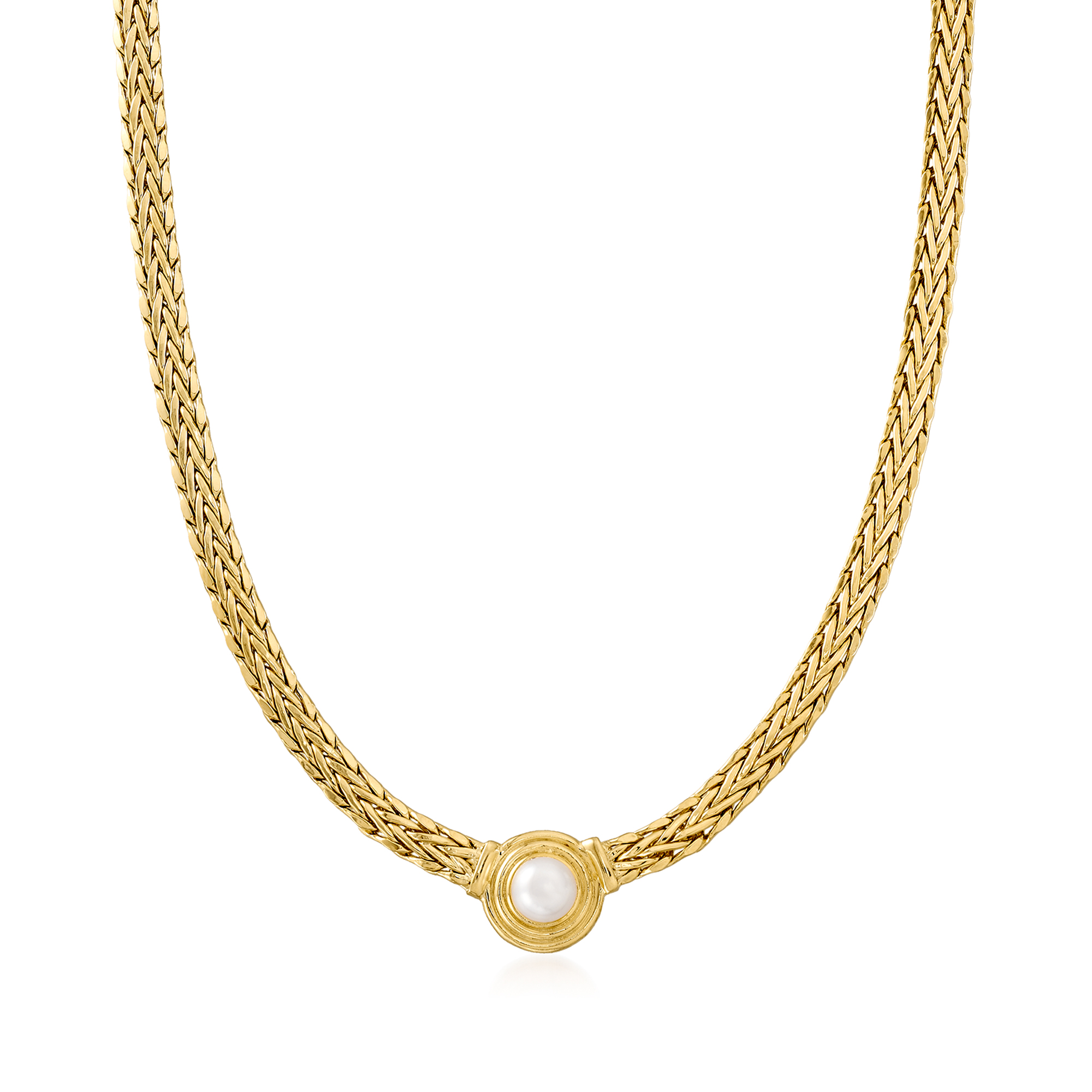 8mm Cultured Pearl Flat Wheat Chain Necklace in 18kt Gold Over Sterling
