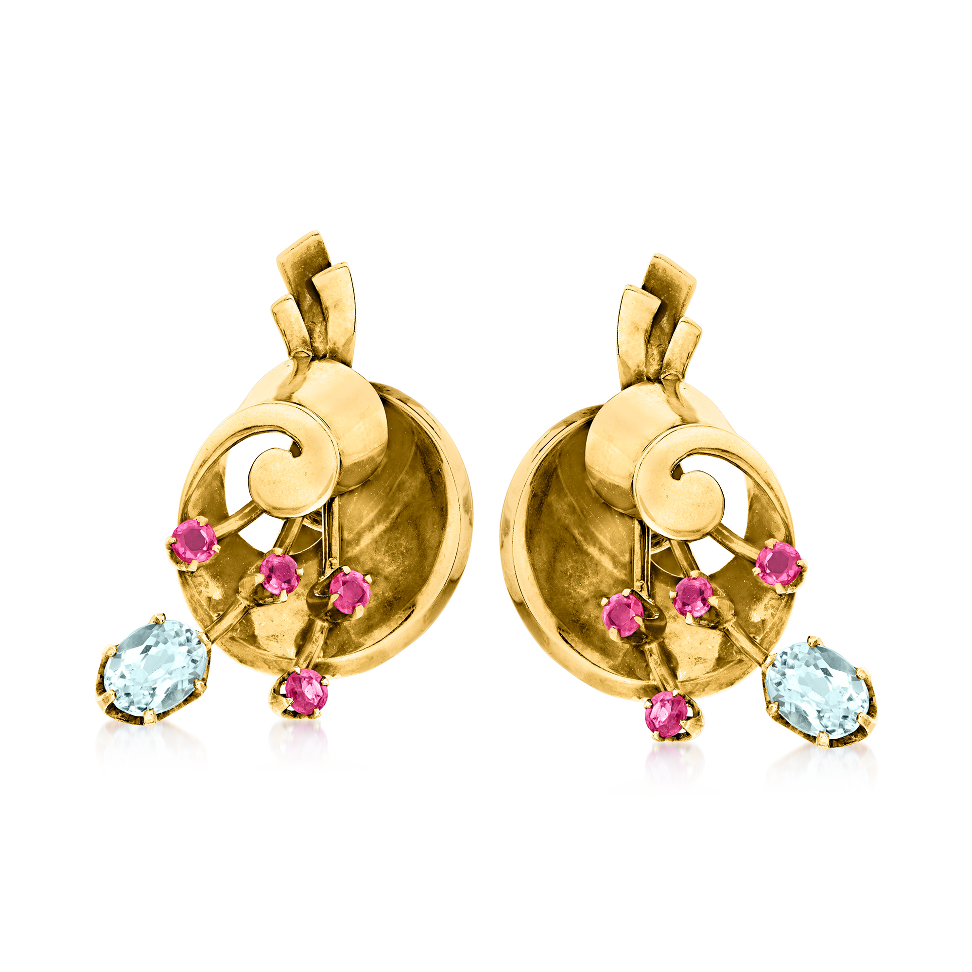C. 1940 Vintage Tiffany Jewelry 1.50ct t.w. Aquamarine, .65ct t.w. Ruby Swirl Earrings