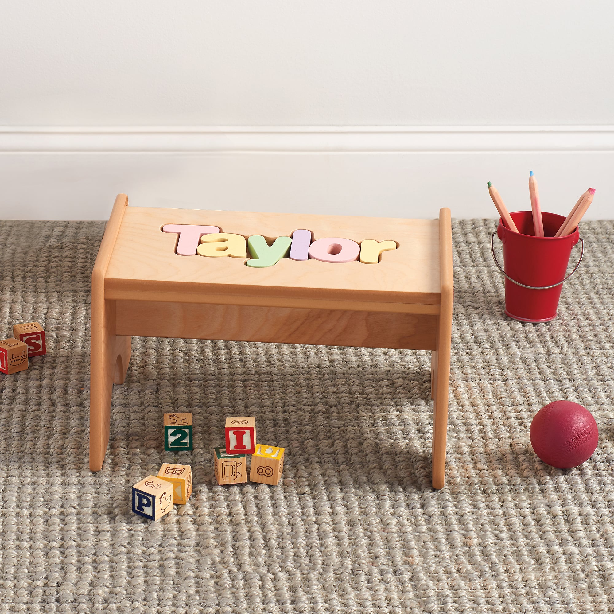 product photo of Child's Personalized Name Maple-Finished Puzzle Stool - Pastel Colors