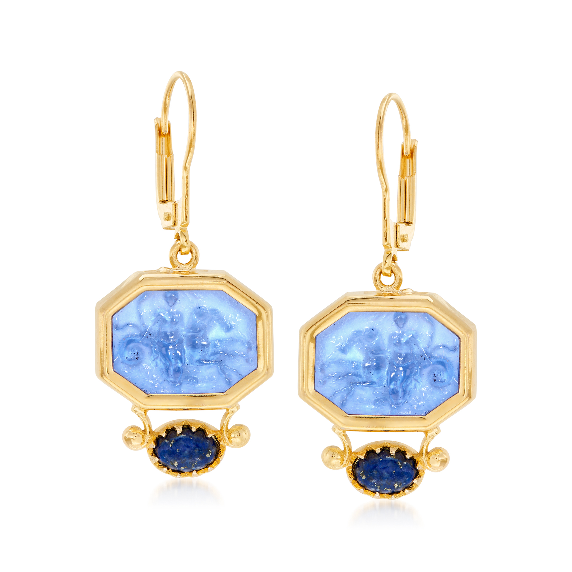 Italian Tagliamonte Blue Venetian Glass Intaglio and Lapis Drop Earrings in 18kt Gold Over Sterling 239$